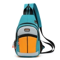 Teal and grey versatile crossbody chest bag with orange accents and mesh side pocket - Teal Orange Patchwork