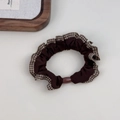 Detail of coffee brown scrunchie with plaid ruffle edge and translucent decorative bead - Coffee with Coffee Plaid