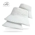 Elegant white floral lace sun hat for women featuring pearl edge trim and breathable mesh - One Size / White