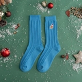 Blue knit Christmas socks with cute gingerbread man embroidery and ribbed texture - One Size / Blue/Gingerbread Man