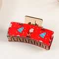 Red Christmas claw clip featuring Santa Claus and tree patterns on beige background - Cartoon Santa & Xmas Tree (C10-4-14)