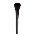 Portable makeup brush with deep brown fluffy bristles and smooth black handle on white - Black