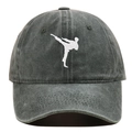 Detail of grey washed baseball cap showing white martial arts silhouette embroidery - Adjustable / Green
