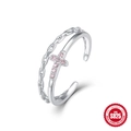 Anello doppio strato in argento S925 con croce in zircone rosa e design a catena - Aperto Regolabile / Catena A Doppio Strato Croce Rosa