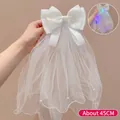 White LED bow hair veil with pearls and satin bow for flower girls 45cm length - Glowing LED Butterfly Bow