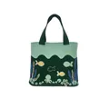 Detail of green knitted tote bag featuring colorful ocean octopus and fish patterns - Green