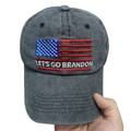 Faded grey cotton baseball cap with American flag and Let's Go Brandon embroidery - Large Flag Pattern