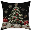 Black linen Christmas pillow cover with embroidered snow tree and red ornaments design - 45*45cm (Insert Not Included) / Black Snowflake Tree