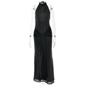 Elegantes schwarzes Neckholder-Maxikleid mit Polka Dots und hoher Taille mit Schleife - S / Schwarz