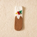 Plush brown and white Christmas sock with red berry and green leaf details - One Size / Coffee Bow Tie Design