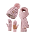 3-piece pink winter knit set with pompom beanie, scarf, and touchscreen gloves for adults - Pink