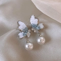 Silver butterfly pearl drop earring with blue shell texture wings and rhinestone accents - Silver Butterfly Rhinestone Pearl Style (PD018)