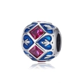 Silver bead charm with blue enamel heart and pink square gemstone for DIY bracelets - Blue Heart Pink Gem Bead