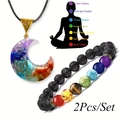 Chakra stone jewelry set with crescent moon resin pendant and lava rock beaded bracelet - Moon Pendant Set