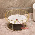 Corbeille à fruits moderne en métal doré avec plateau rond à texture marbre UV - Petit Or Blanc (Panneau UV)