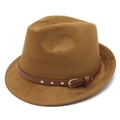 Chapeau Fedora vintage en daim kaki avec bande en cuir à rivets et bords courts pour adultes - M (56-58cm) / Kaki