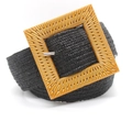 Bohemian black woven elastic waist belt with a vintage wood-style square resin buckle - Square Buckle Black