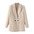 Close-up of light beige blazer lapel with two-button closure and fine fabric texture - S / Tops / Apricot