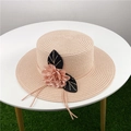 Detailed view of women's boater straw hat with 3D fabric flower and gold leaf embroidery - M (56-58cm) / Light Pink