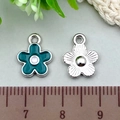 Green enamel flower charm pendant with silver metallic backing and 1.3cm size scale - 1Pc Green Flower