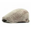 Vintage herringbone washed cotton flat cap for men in brown with side metal buckles - Adjustable / Reddish Brown