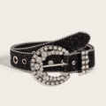 Cintura da donna nera con strass stile Western con fibbia scintillante e paillettes - Fibbia a Semicerchio (Occhielli Grandi Piccoli) / 3.8CM / Nero