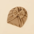 Newborn baby knit turban hat with large bow in khaki, soft ribbed textured material - 18.5x17cm / Coffee
