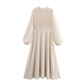 Elegante beige chiffon maxi-jurk met geplooid lijfje en gouden metallic polkadots - XS / Melkwit