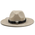 Sand yellow faux suede cowboy hat with ethnic band and silver steer skull ornament - M (56-58cm) / Beige