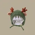 Forest green baby winter knit hat featuring cute brown reindeer antlers and earflaps - Dragon Horn Children's Hat Green (2 Months - 2 Years Old)
