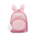 Pink cartoon kids backpack with sequined bunny ears and white plush pompom charm - Watermelon red