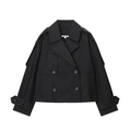 Short black double-breasted water-resistant trench coat with a structured woven texture - XS / Black