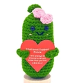Handmade crochet emotional support pickle with pink flower and red heart message card - Bow Pickle With Heart Card