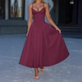 Elegant spaghetti strap A-line midi dress in deep wine red color for women - S / Burgundy