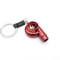 Red car turbocharger keychain with silver ring and black leather strap on white background - Red