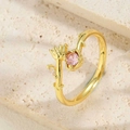 Detailed view of vine-shaped ring with pink zircon and leaf engravings on gold plating - Pink Round Zircon Branch Style