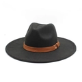 Classic black wide brim wool felt jazz fedora hat with double brown leather band and studs - M (56-58cm) / Black