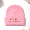 Pink knit beanie with Mañana Será Bonito colorful embroidery on a white background - One Size / Pink