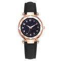 Montre à quartz pour femme avec cadran ciel étoilé, verre facetté et bracelet en cuir noir - Noir