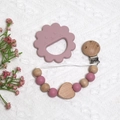 Silicone lion teether and beaded pacifier clip set with wooden heart in morandi pink color - Lion Teether + Beaded Chain / Rose Gold