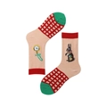 Asymmetric beige cotton socks with vintage rabbit and pocket watch jacquard patterns - 35-39 / Red Checkered Pocket Watch Rabbit