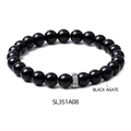 Polished black agate beaded bracelet with an engraved silver decorative ring element - SL351A08 Black Agate Bracelet