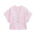 Detail of light pink ribbed knit cardigan with V-neck and gold button accents - S / Pink
