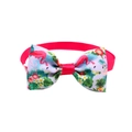 Detailed close-up of pink pet bowtie collar featuring tropical flamingo print pattern - Pink Flamingo in Grass