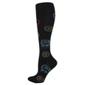Detailed embroidery on black compression socks featuring colorful RV and donut patterns - Donut