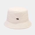 Close-up of brown bear embroidery on off-white cotton canvas bucket hat - M (56-58cm) / Beige