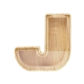 Letter J shaped wooden piggy bank with transparent acrylic panel and natural wood grain - Letter J
