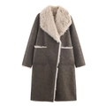 Abrigo largo de ante sintético para mujer en gris oscuro con cuello de pelo - S / Camel