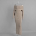 Detail of off-shoulder knitted dress showing the elegant ribbed texture and fold-over neckline - S / Khaki