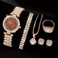 5pcs Rose Gold Women's Watch Set with Crystal Bracelet Necklace Ring and Earrings - Hollow Geometric 5-Piece Set / Rose Gold
